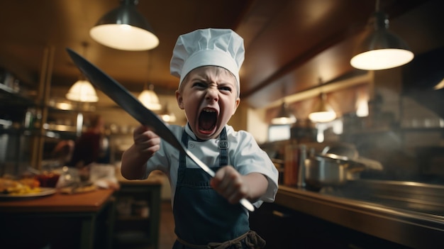 Foto boze kind kok schreeuwend in de keuken van het restaurant