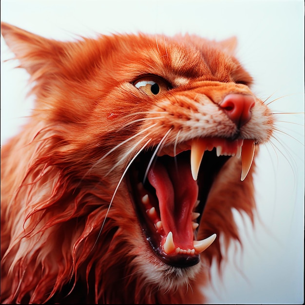 Boze roofdier woedende catcloseup van een huiskat met zijn mond open met tanden en tong