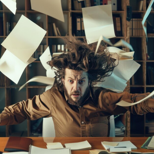 Boze, woedende gekke man zit aan zijn bureau met vliegende papieren frustratie overwerk emotionele uitbranding