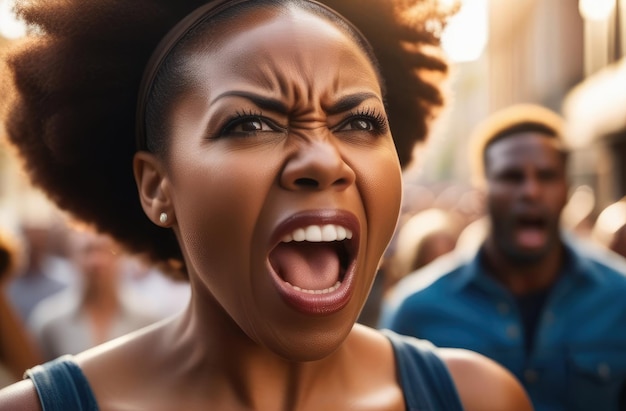 Boze zwarte demonstrant schreeuwt op straat vrouwelijke activiste protesteert tegen schending van rechten