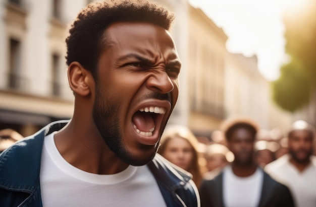 boze zwarte mannelijke demonstrant die op straat schreeuwt activist die protesteert tegen schending van de rechten