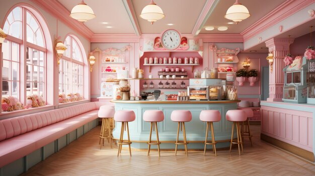 Photo bpink and blue pastel color scheme cafe interior