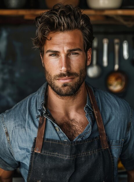 BPortrait of a handsome young man with beard wearing denim apron