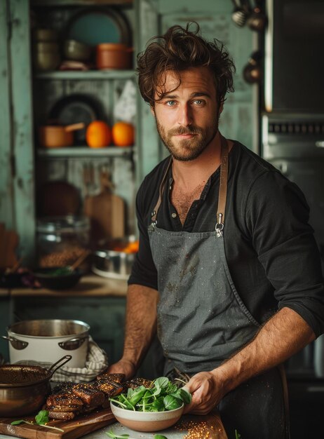 Photo bportrait of a male chef in a kitchen