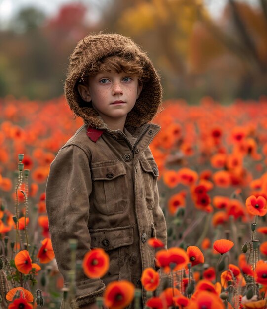 Фото bportrait of a boy in a field of red flowers