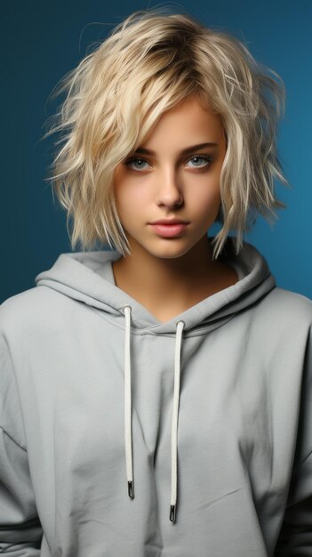 BPortrait of a young blonde woman in a gray hoodie