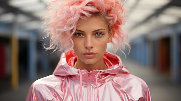 Bportrait of young woman in pink wig with makeup