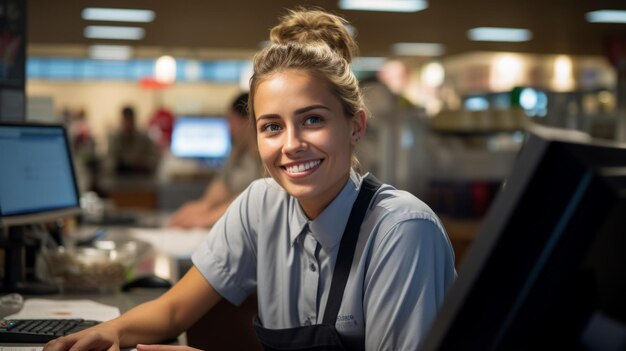 Портрет молодой женщины, работающей кассиром в супермаркете