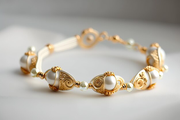 Bracelet with delicate pearls and gold accents on white background created with generative ai