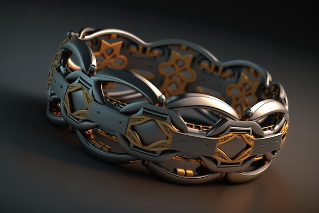 A bracelet with gold and silver metal designs