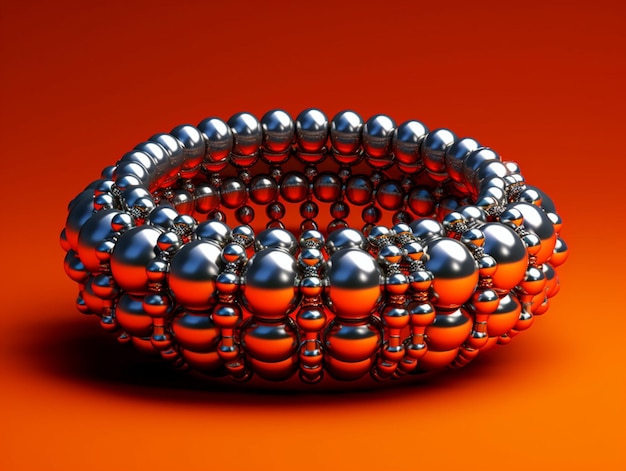 A bracelet with silver balls and silver balls on a red background.