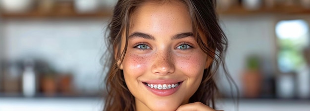 The braces on the teeth of a youthful attractive brunette woman are pointed out on her face