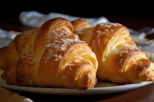 Braid of croissants with flaky layers glistening with golden butter created with generative ai