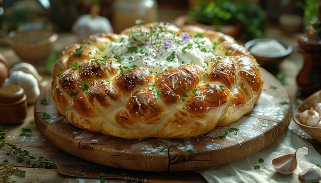 Braided loaf of bread is topped with herbs and cheese on wooden board