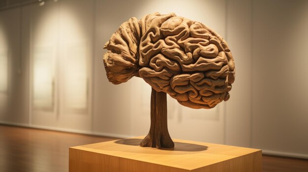 Brain art Sculpture of the human brain made of orange plastic at the exhibition of contemporary art