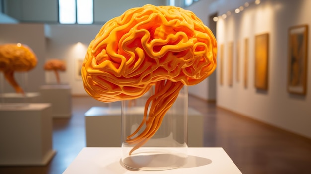 Brain art Sculpture of the human brain made of orange plastic at the exhibition of contemporary art