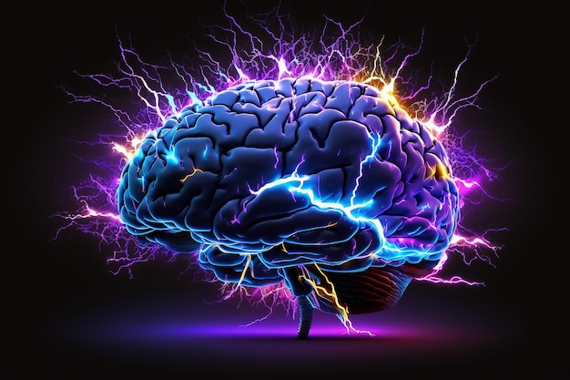 Photo brain blast neon glowing brain with lightning bolts against a black background brainstorm brain activity