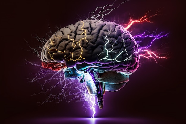 Brain blast neon glowing brain with lightning bolts against a black background Brainstorm