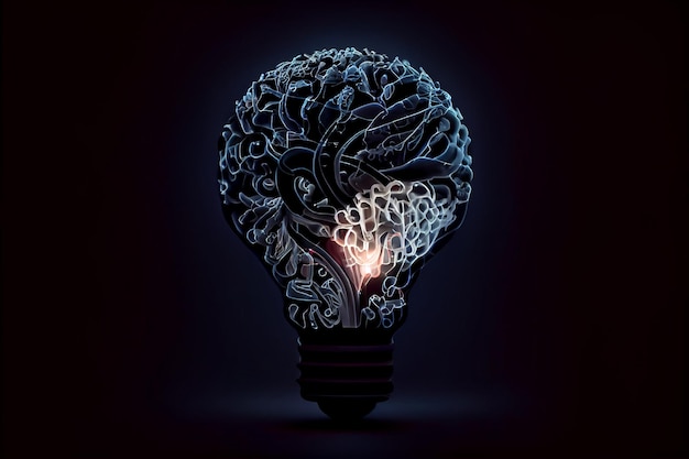 Креативная идея мозговой лампочки с мозгом и лампочкой, машинное обучение, генеративный искусственный интеллект