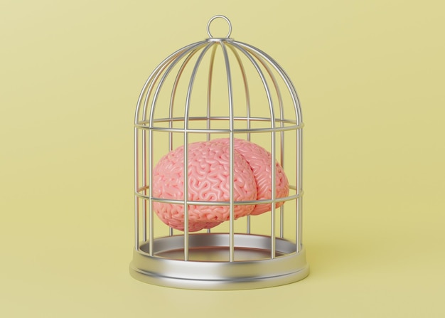 Brain cage Concept of limiting ideas and opinions Bird cage and brain on a yellow background