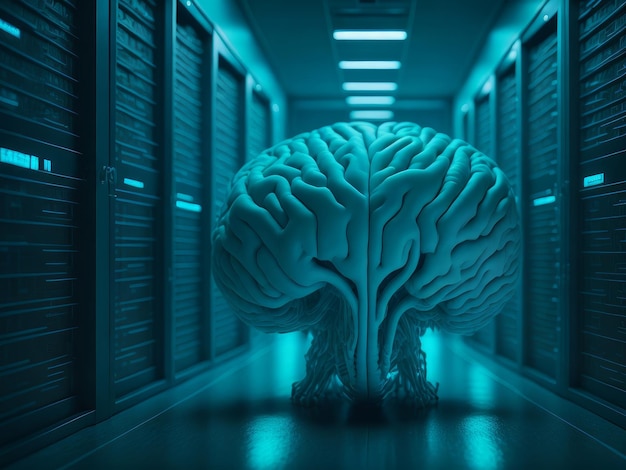 Мозг в центре комнаты данных, созданный искусственным интеллектом
