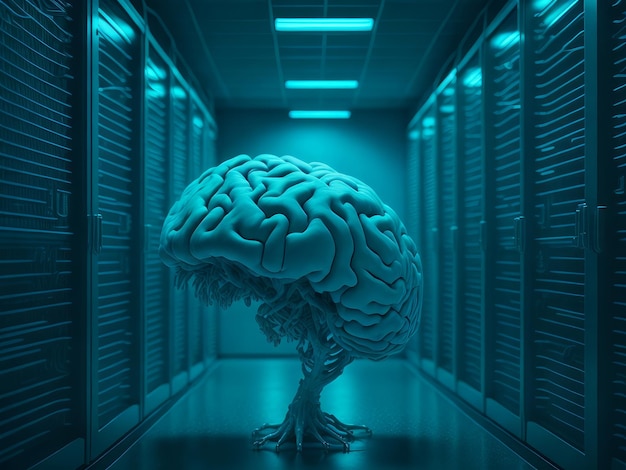 Brain in center of data room AI generated