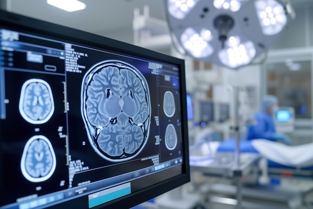 Brain of comatose patient in an intensive care unit is analyzed using tomography ai generation