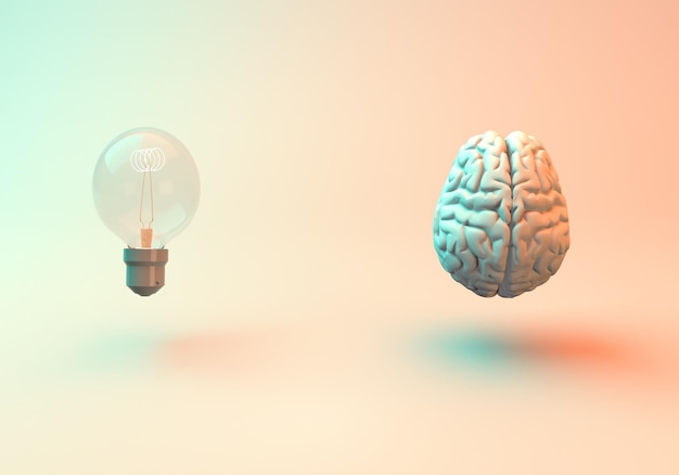 Brain connected to an illuminated light bulb 3d rendering