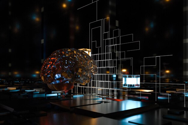 Brain and dark cubic space background 3d rendering