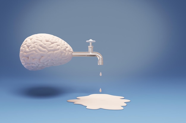 Brain drain concept with liquid coming out of abstract brain tap on blue background 3D Rendering