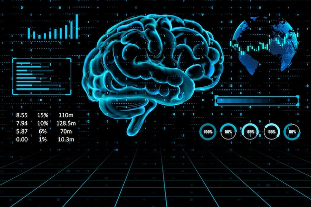 brain efficiency concept with digital blue human brain side view on dark background with stats indicators 3d rendering