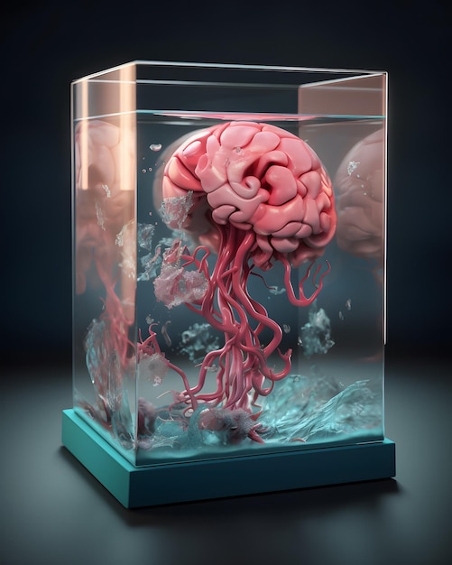 流れる水が入ったガラスの箱の中の脳