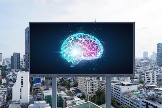 Brain hologram on billboard with Bangkok cityscape background at day time Street advertising poster Front view The largest science hub in Southeast Asia Coding and hightech science