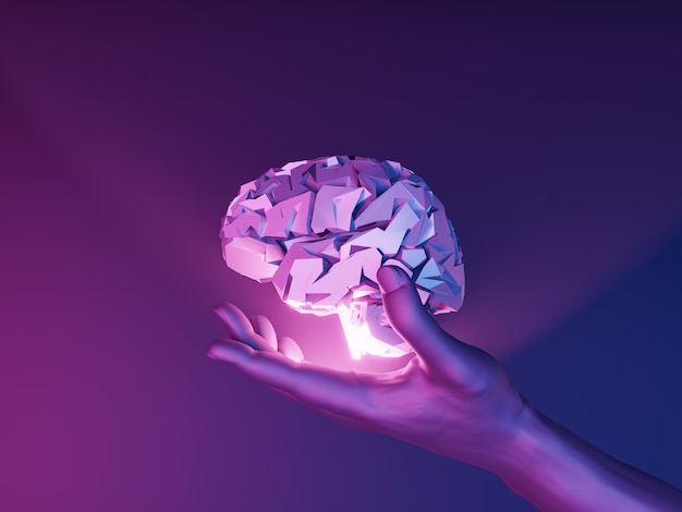 brain illuminated with rays of light on a dark hand with futuristic neon lighting