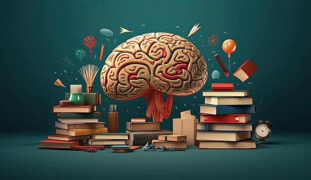 Foto illustrazione del cervello con libri e e un ludor nello stile di teal scuro e rosso chiaro