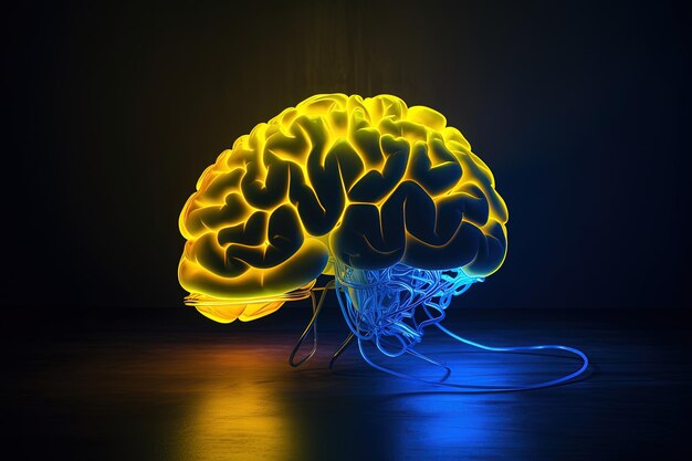 Brain illustration yellow neon light blue background creativity concept Generative AI