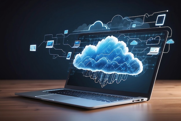 Brain image on laptop screen downloading images from the cloud stock illustration