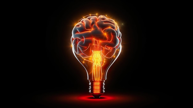 Brain in Light bulb voor inspiratie toekomstige oplossingen neonkleuren donkere achtergrond Generatieve AI