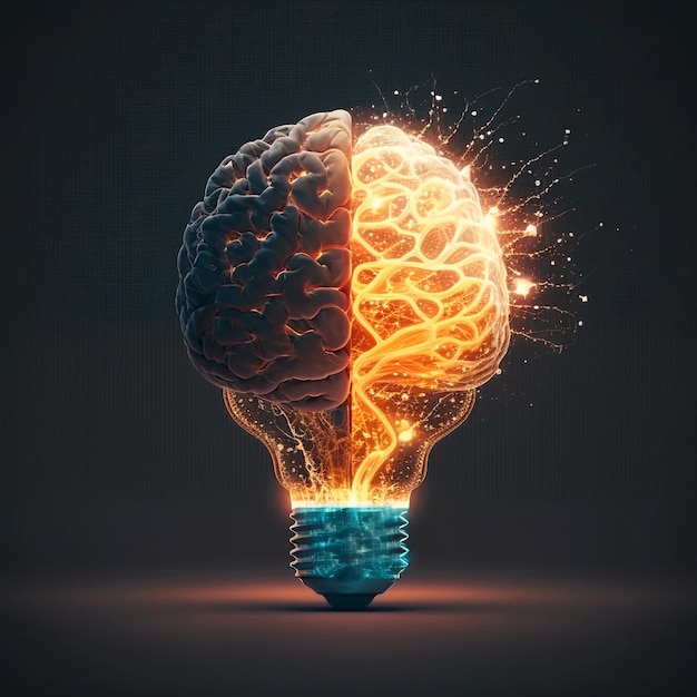 写真 電球の脳、創造的で論理的な脳、火花と光