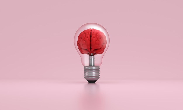 Brain inside a light bulb on pink background Concept of inspiration creativity idea education innovation