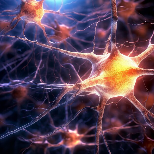 Brain intricate neural web complex nervous system closeup of cell highlight neurons medical design