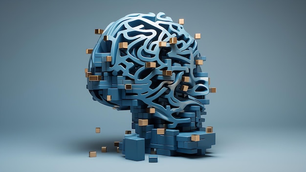 脳は青い背景のブロックでできています。 Generative Ai