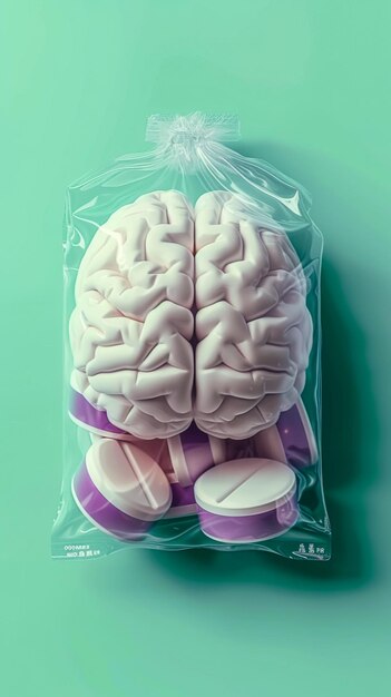 Photo a brain is in a plastic bag with pills in it