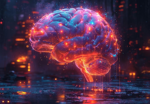 Brain is surrounded by digital data and information surrounded by network of lights