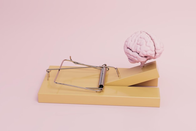 The brain is trapped brain on a mousetrap on a pastel background 3D render