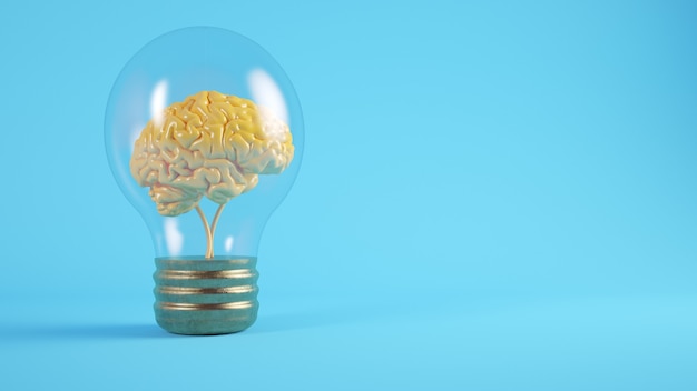 Brain on lightbulb 3d rendering concept