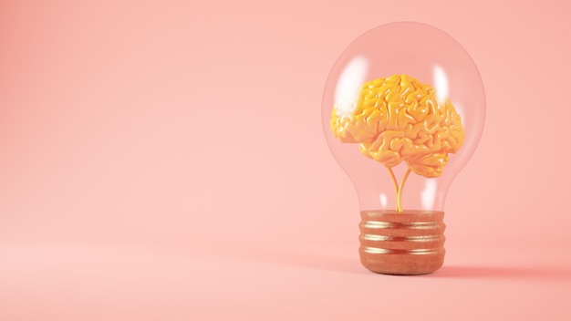 Мозг на концепции лампочки розовый фон 3d-рендеринга