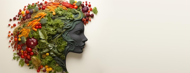 Brain made from vegetables and fruits like carrots broccoli salad and berries healthy food