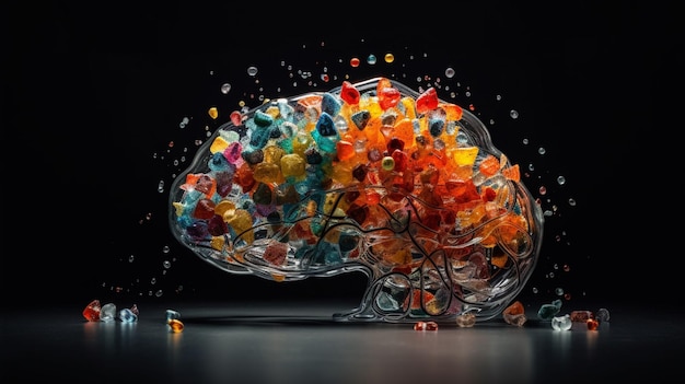 Photo a brain made of plastic candies is surrounded by a black background.