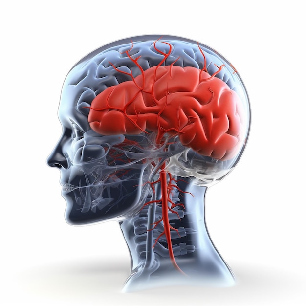 뇌 의료 의학 해부학 통증 머리 빨간색 엑스레이 두통 파란색 생성 AI